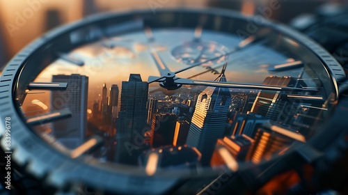 Watch face reflecting a bustling cityscape, symbolizing the fast-paced nature of urban life and modern living. 