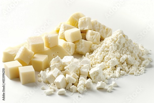 Different types of cheeses in various forms on white background