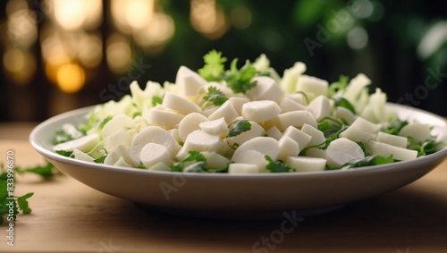 Fresh Jicama Slices White Crispness in a Tropical Salad Silhouette.