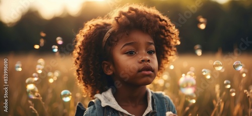 Cute little African-American girl blowing soap bubbles in a field.