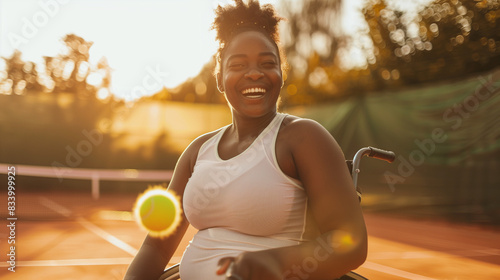 Candid African American black woman smiling and laughing outside in a wheelchair. Disabled woman in a tennis court. Disability in compeititive sport. Diversity and inclusion in sport representation.