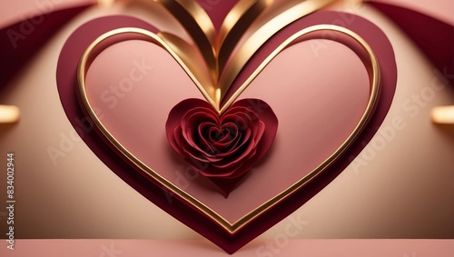 Elegant Art Deco Poster Symmetrical Hearts Arrangement in Rose Burgundy and Gold.
