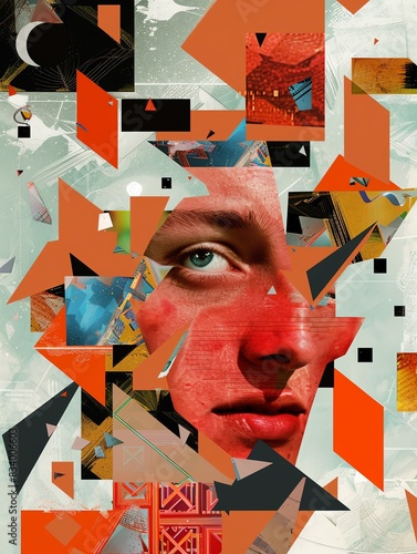 Capture the essence of embarrassment through a surreal blend of a red-faced character surrounded by floating geometric shapes of various sizes and colors Create a digital collage t