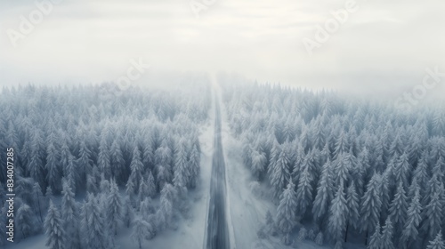 winter road aerial view, snow covered forest and haze, dramatic landscape