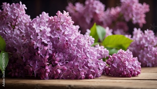 Lilac flowers on a wooden table with space for copy.