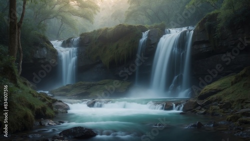MotionBlurred Waterfall Veil Unveils Tranquil Twilight Escape.