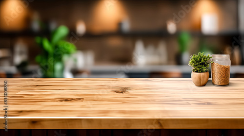 A wooden counter top with a potted plant and two jars on it