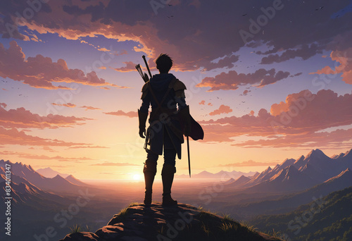 Man's silhouette set against a breathtaking landscape in this fantasy digital artwork, capturing the beauty of nature at sunset