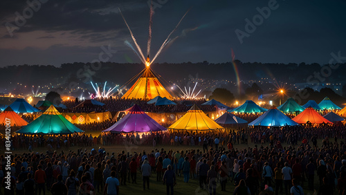 the vibrant atmosphere of the Glastonbury Festival, with colorful tents, energetic crowds, and performers on the iconic Pyramid Stage."