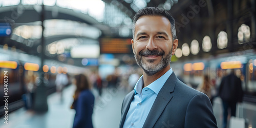 Camera approaching handsome happy Caucasian middle-aged bearded man in suit looking at camera and smiling waiting outdoor, traveling, man tourist, business trip, covid-19 pandemic, close up concept