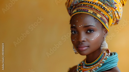 Zulu Tribeswoman in Intricate Beadwork Jewelry and Emerald Green Wrap Dress