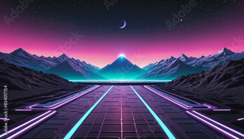 80s Retro Futuristic Landscape with Three-Dimensional Cyber Surface for Design and Technology Trends