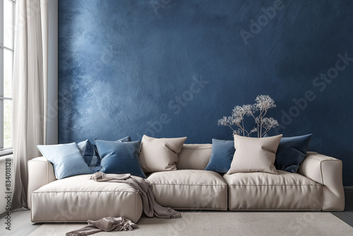 sofa and pillows, A modern cozy living room featuring a striking blue wall texture that sets the tone for a stylish and inviting interior design