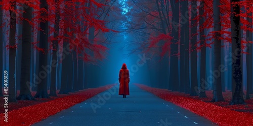 A figure in a red cloak walking down a forest path lined with vibrant red leaves, surrounded by tall, dark trees and illuminated by a mystical blue light.