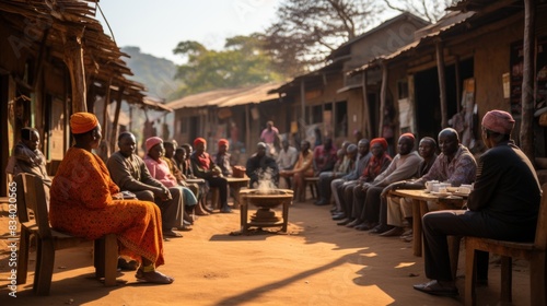 A warm scene of a local community gathering in a rural village setting with individuals engaged in conversation