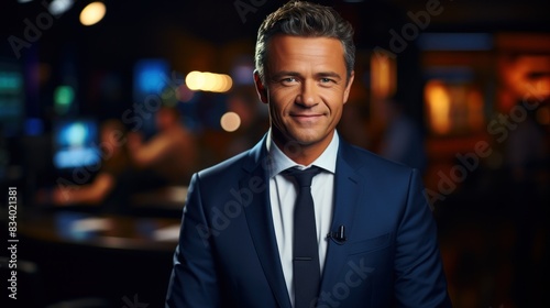 A professional-looking man in a sharp blue suit with confidence, standing in a well-lit bar