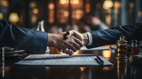Two professionals in a firm handshake over a contract, symbolizing a successful business deal or partnership