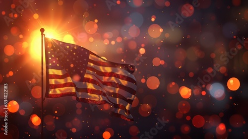 American flag with sunset glow and festive bokeh lights, symbolizing patriotism, celebration, and national pride.