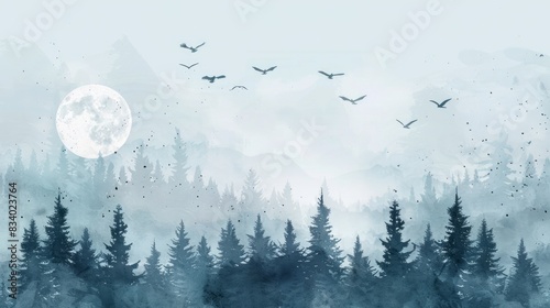 A hand-drawn vector watercolor of a mystical, foggy landscape featuring a dense coniferous forest.