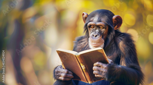 Young chimpanzee reading a book with a smart look, holding it in her hands against a blurred nature background. Copy space.