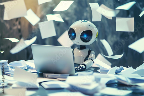A busy robot working on a laptop table in an office surrounded with many memo paper