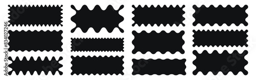 Rectangle shapes with zig zag wavy edges. Squiggle frames for labels, banners, tags, stamps. Scallop vector figures. 