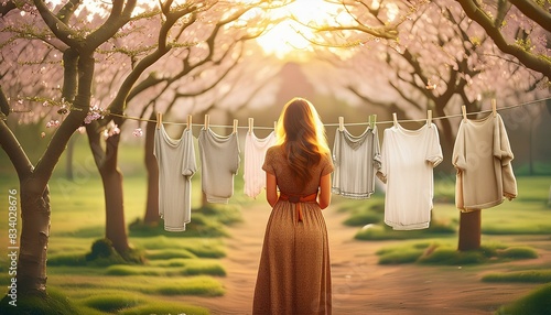 hübsche Frau hängt wäsche in ihre Garten, zwischen zwei Bäume auf.
