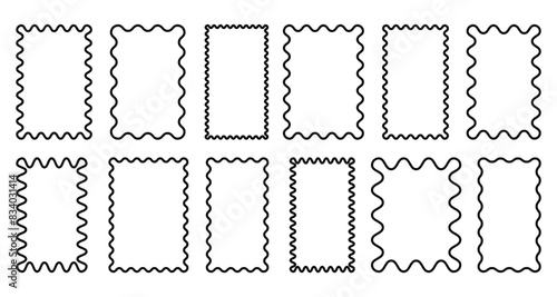 Squiggle frames set. Zigzag wavy edges, retro frames, psychedelic rectangles, photo frames, text boxes, tags, labels. Vector groovy shapes set. Wave and curvy borders.