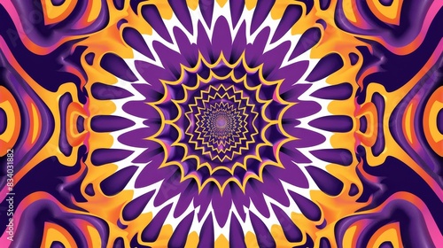 Psychedelic, kaleidoscopic design with a central vortex-like pattern. The design is symmetrical, with a dominant color scheme of purple, yellow, and orange