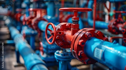 Close Up of Red and Blue Industrial Pipework