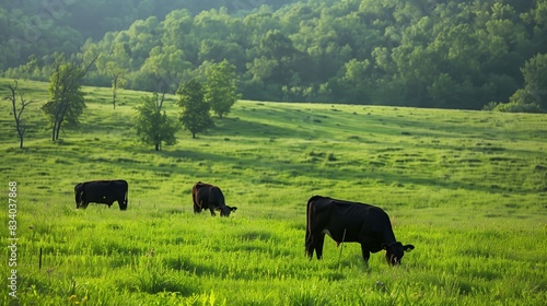 Cattle Grazing on Green Hillside