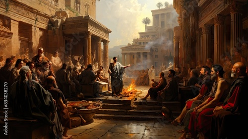 A vibrant classical painting depicting an ancient Greek historical scene with philosophers and scholars, rich in detail