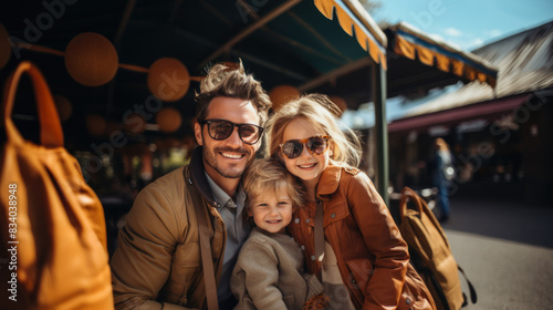 A happy family of three takes a self-portrait at a sunny outdoor market, displaying leisure and joy