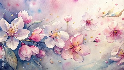 Beautiful watercolor background of sakura flowers and petals , pink, cherry blossom, floral, decorative, elegant, nature, Japanese, traditional, design, delicate, soft, artistic