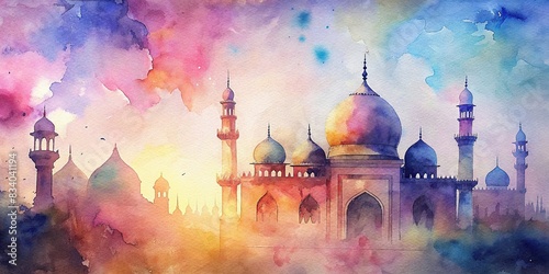 Watercolor background of Islamic decoration with mosque silhouette , Islamic, decoration, background, watercolor, mosque, silhouette, architecture, ornament, arabesque, religious, traditional