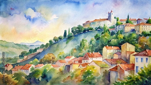 Watercolor painting of the picturesque slopes of Croix-Rousse in Lyon , Lyon, Croix-Rousse, hill, slopes, watercolor, painting, French city, architecture, buildings, colorful, skyline, scenic