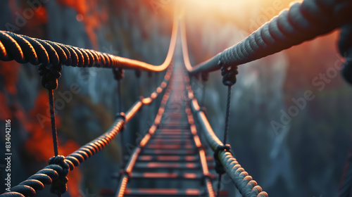 Brave Adventure, Suspended Rope Bridge in Mountainous Terrain, Risk and Challenge Concept.