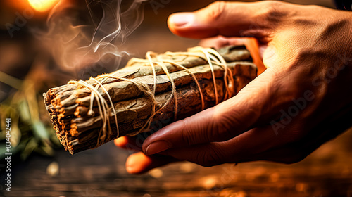 A hand is reaching into a bowl of incense sticks.