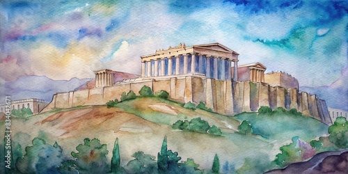 Hand-drawn comic of the Acropolis in doodle style, with a watercolor effect , Acropolis, Greece, historic, ancient, architecture, landmark, ruins, history, Greek, Athens, monument