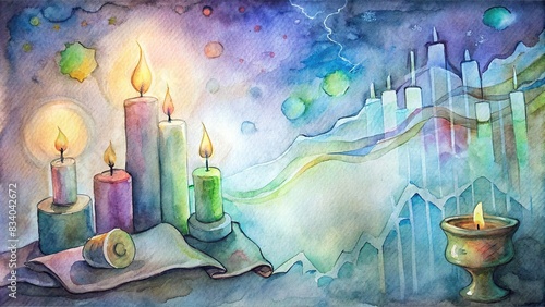 Animated render watercolor image of trading candles with dollar bills and chart in the background, stock market, trading, finance, investment, wealth, money, profit, economy, currency