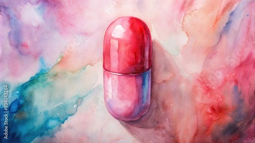 pink and red capsule pill on pink background, watercolor , medicine, medication, pharmaceutical, healthcare, health, pill, capsule,pink, red, vibrant, colorful, vivid, isolated, background