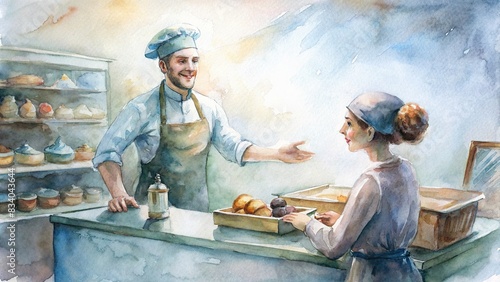 Watercolor of a cheerful bakery employee assisting a customer at the pastry counter, pastries, bakery, counter, female, smiling, customer service, assistance, watercolor,baked goods