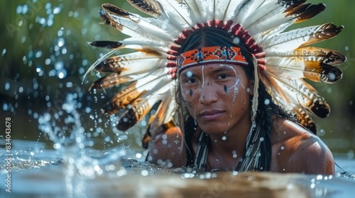 A native american man wearing a headdress in the water, AI