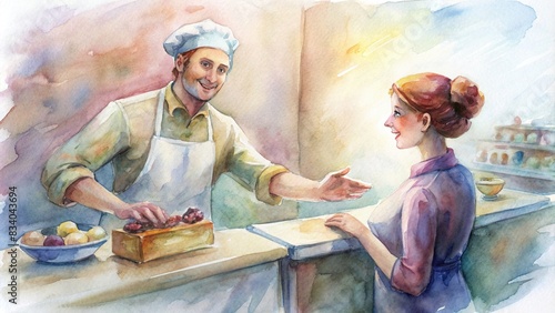 Watercolor of a cheerful bakery employee assisting a customer at the pastry counter, pastries, bakery, counter, female, smiling, customer service, assistance, watercolor,baked goods