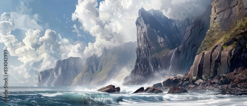 A view of the ocean with wild waves and large rocky cliffs.