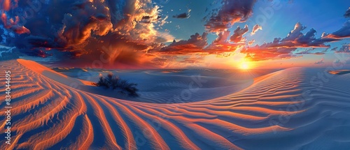 A view of sand dunes in desert with golden hour sunset.