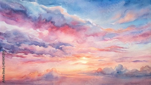 Serene watercolor painting of a pink sky at sunset with cirrus clouds and a gradient sky background , sky, sunset, sunrise, clouds, orange clouds, cirrus clouds, cumulus clouds, sky gradient