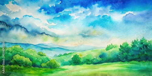 Watercolor of a fresh green and blue sky background, perfect for easy summer vibes , watercolor,background, green, blue, sky, abstract, summer, fresh, vibrant, nature, peaceful, tranquil