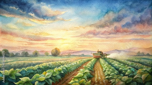 Watercolor of a lush soybean field being harvested , agriculture, farming, crop, soybeans, growth, plant, field, green, harvest, agriculture, watercolor, painting, rural, farm, agricultural