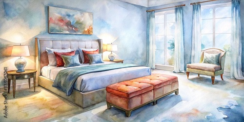 Stylish bedroom interior with large comfortable bed, ottoman and bedside table watercolor, bedroom, interior design, stylish, comfortable, bed, ottoman, bedside table, luxury, home decor